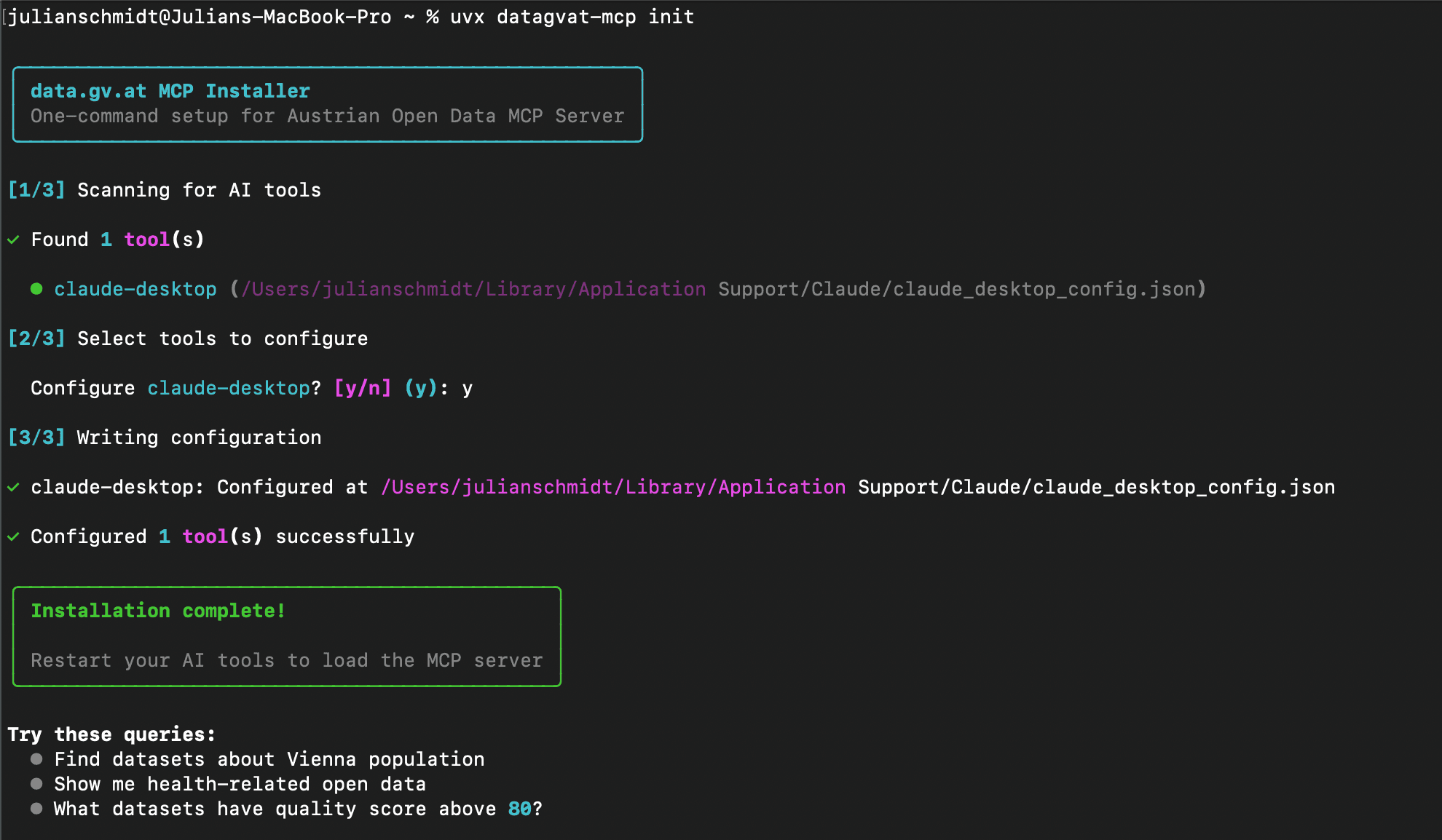 Terminal showing uvx datagvat-mcp init command with Rich-formatted output displaying detected AI tools, configuration progress, and successful completion message.