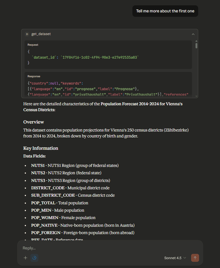 Claude Desktop showing detailed metadata for a dataset including title, description, publisher contact, license CC BY 4.0, temporal coverage 2020-2024, spatial coverage Vienna, and available distributions in CSV and JSON formats.
