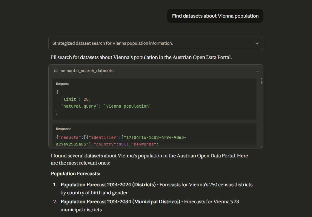 Claude Desktop showing a search for Vienna population datasets. The assistant uses the search_datasets tool and returns results including Bevölkerung Wien 2020-2024 with quality score 92, Einwohner nach Bezirken with score 87, and Demografische Entwicklung Wien with score 81. Each result shows title, publisher, formats available, and quality score.