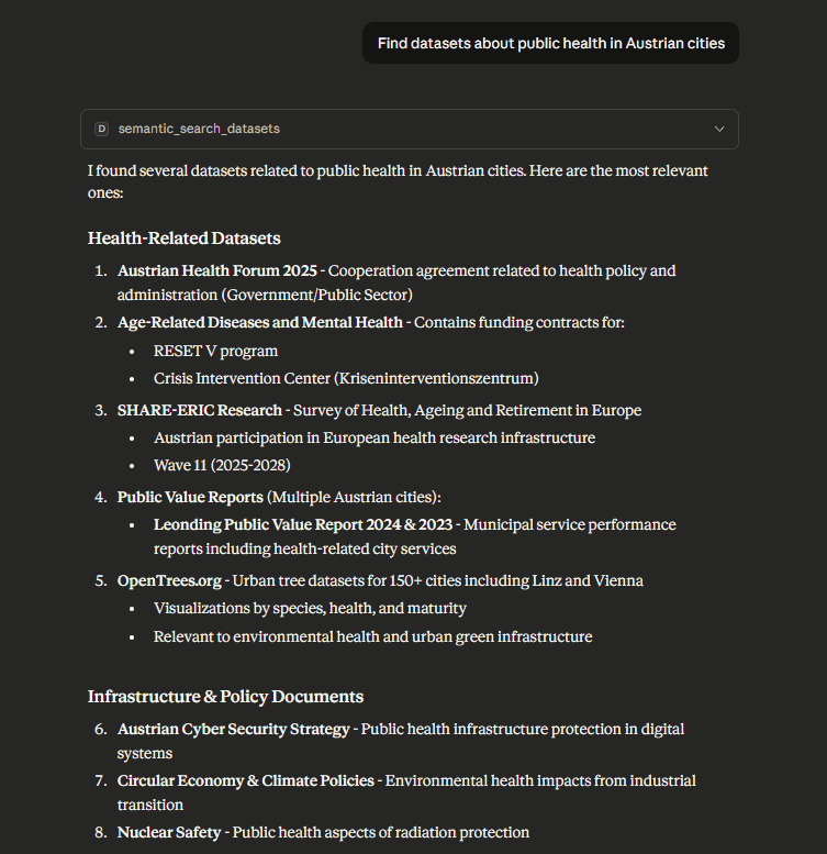 Claude Desktop showing semantic_search_datasets tool with natural_query parameter set to datasets about public health in Austrian cities. The tool performs language detection identifying English, then expands the query with semantic understanding to include related EU DCAT-AP themes HEAL for health data, SOCI for social statistics, and REGI for regional city data. Results display five datasets: Vienna Health Services with quality score 85, Urban Health Indicators Austria at 82, Public Health Monitoring Salzburg at 79, Healthcare Access Vienna at 76, and Disease Prevention Programs at 74. Each result shows title, description, theme tags, and quality score, demonstrating how semantic expansion discovers datasets relevant to the query concept even without exact keyword matches in titles.